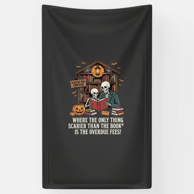 Funny Book Lover Halloween Skeleton Library Design Banner (Vertical)