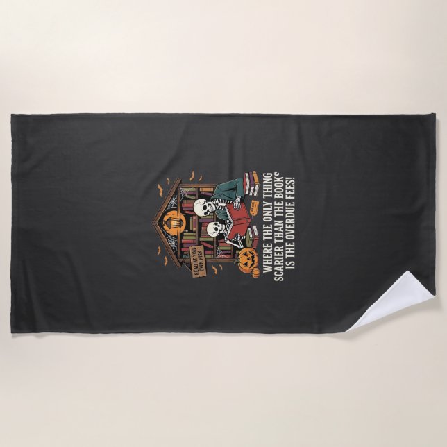 Funny Book Lover Halloween Skeleton Library Design Beach Towel (Front)
