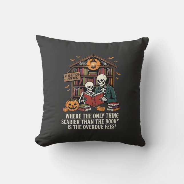 Funny Book Lover Halloween Skeleton Library Design Cushion (Front)