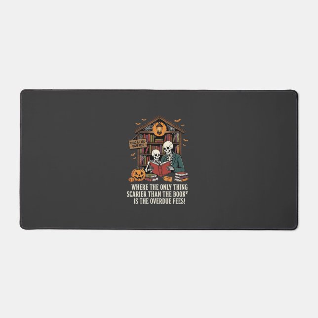 Funny Book Lover Halloween Skeleton Library Design Desk Mat (Front)