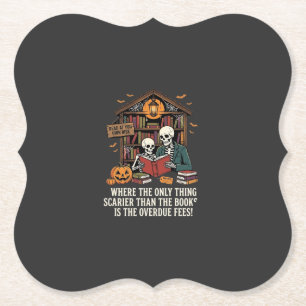 Funny Book Lover Halloween Skeleton Library Design Paper Coaster