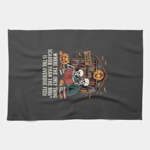 Funny Book Lover Halloween Skeleton Library Design Tea Towel