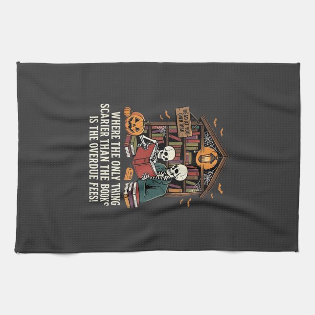 Funny Book Lover Halloween Skeleton Library Design Tea Towel (Horizontal)