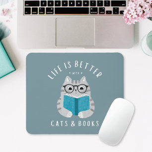 Funny Book Lover Reading Cat Mouse Pad