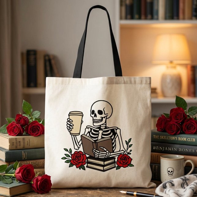 Funny Book Lover Skeleton Red Floral  Tote Bag (Creator Uploaded)