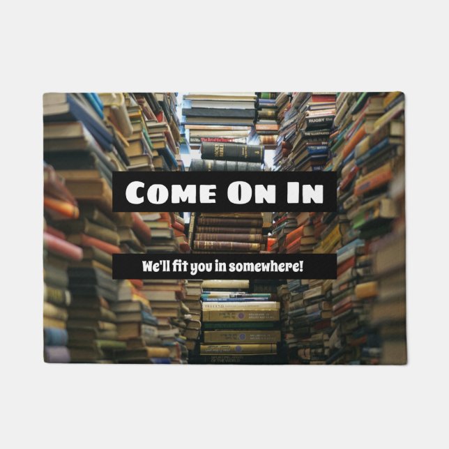 Funny book lovers welcome with stacks of books doormat (Front)
