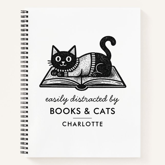 Funny Bookish Cat Book Lover Black White Notebook (Front)