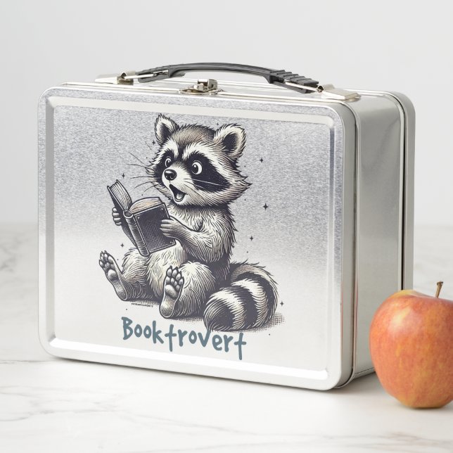 Funny Booktrovert Racoon Snack & Study Metal Lunch Box (In Situ)