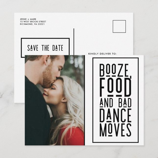 Funny Booze, Food, Bad Dance Moves Photo Save Date Announcement Postcard (Front/Back)
