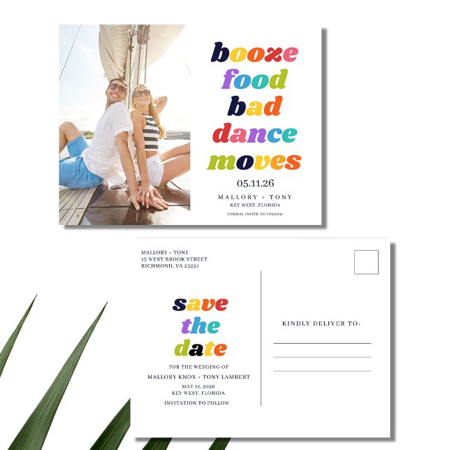 Funny Booze Food Bad Dance Moves Save the Date Announcement Postcard (Funny Typography Photo Wedding Save the Date Postcards)