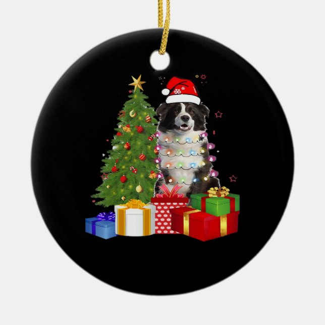 Funny Border Collie Christmas Tree Merry Christmas Ceramic Ornament (Front)