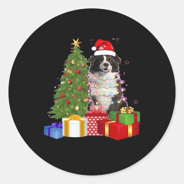 Funny Border Collie Christmas Tree Merry Christmas Classic Round Sticker (Front)