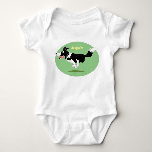 Funny Border Collie dog running cartoon  Baby Bodysuit (Front)
