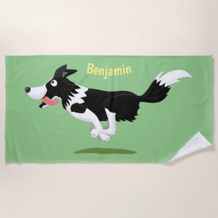 Funny Border Collie dog running cartoon Beach Towel