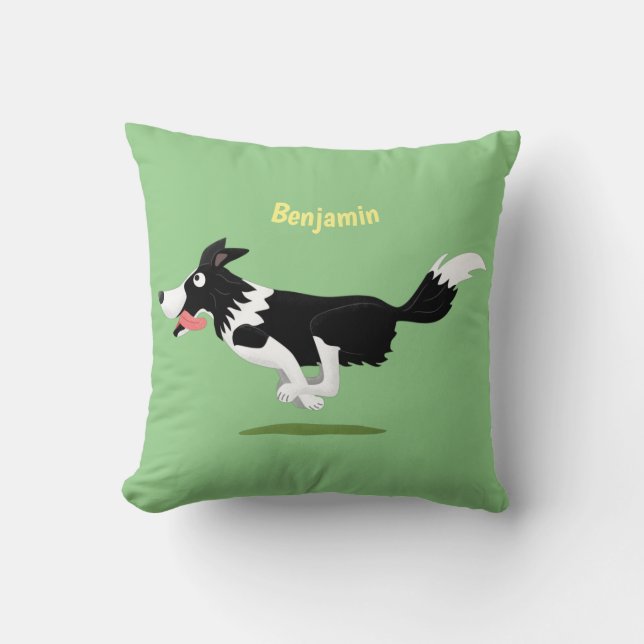 Funny Border Collie dog running cartoon Cushion (Front)