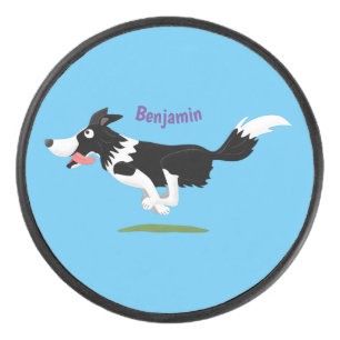Funny Border Collie dog running cartoon Hockey Puck