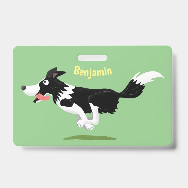 Funny Border Collie dog running cartoon  ID Badge (Front)