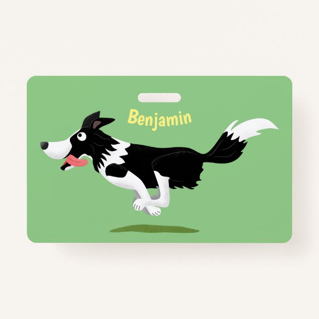 Funny Border Collie dog running cartoon  ID Badge (Front)