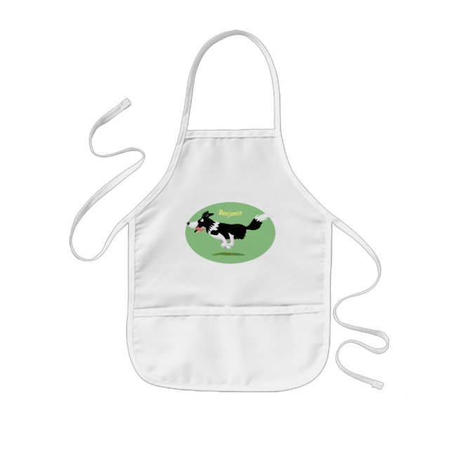 Funny Border Collie dog running cartoon  Kids Apron (Front)