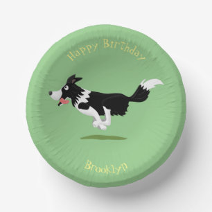 Funny Border Collie dog running cartoon Paper Plate