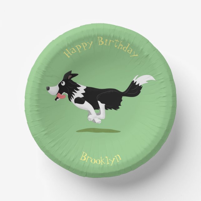 Funny Border Collie dog running cartoon Paper Plate (Front)
