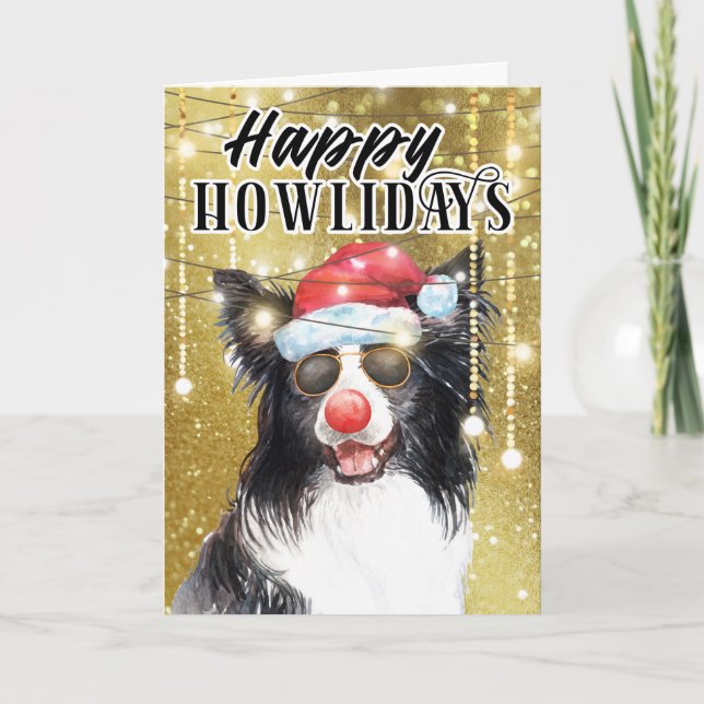 Funny border collie in lights happy holidays card (Front)