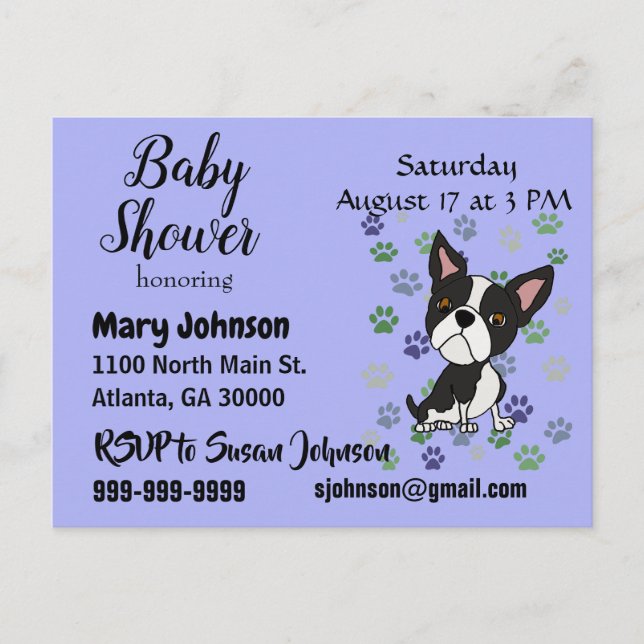 Funny Boston Terrier and Paw Prints Baby Shower Invitation Postcard (Front)