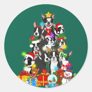 Funny Boston Terrier Christmas Tree Lights Puppy Classic Round Sticker