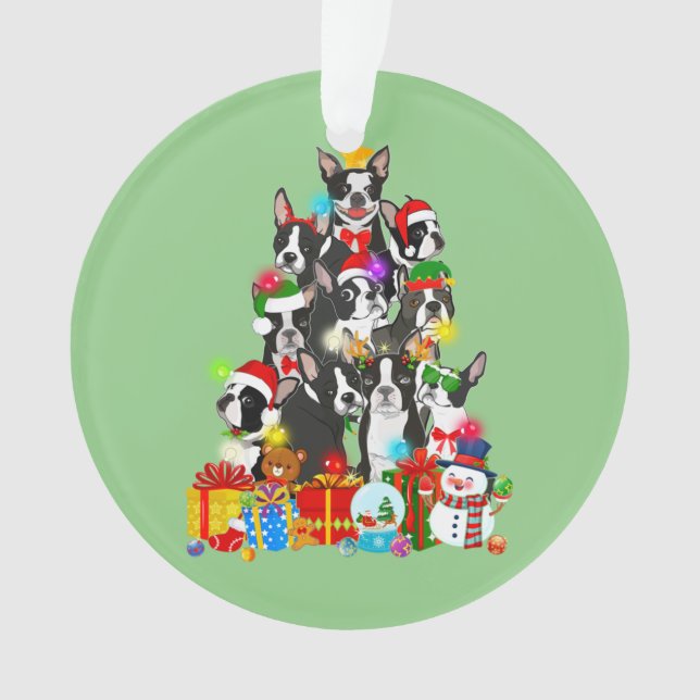 Funny Boston Terrier Christmas Tree Lights Puppy Ornament (Front)
