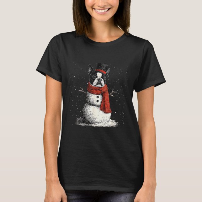 Funny Boston Terrier Dog Christmas Snowman Xmas Pa T-Shirt (Front)