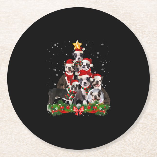 Funny Boston Terrier Dog Christmas Tree Gift Round Paper Coaster (Front)