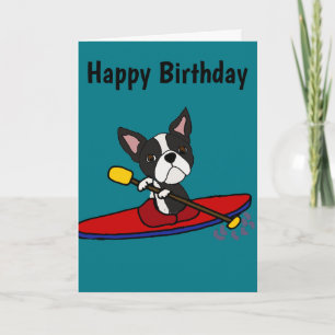Funny Boston Terrier Dog Kayaking Cartoon Card