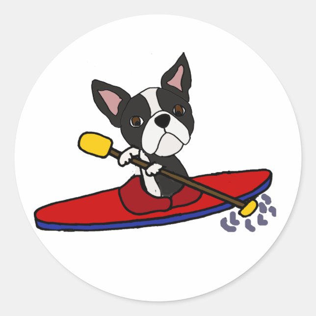 Funny Boston Terrier Dog Kayaking Cartoon Classic Round Sticker (Front)