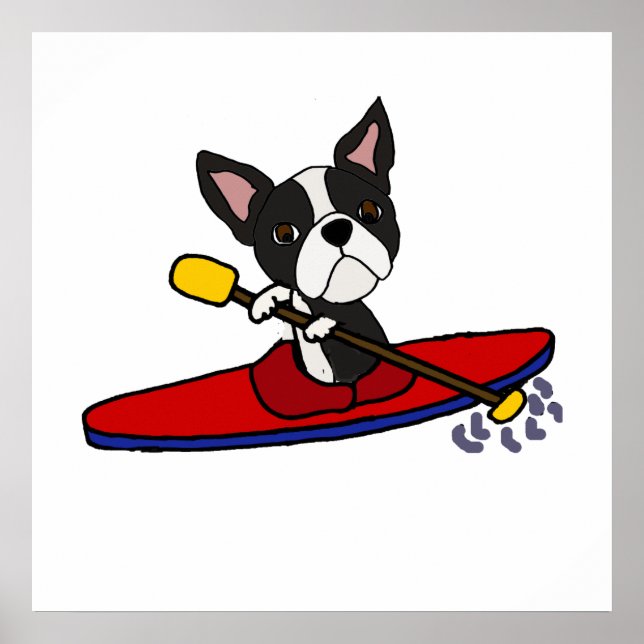 Funny Boston Terrier Dog Kayaking Cartoon Poster (Front)