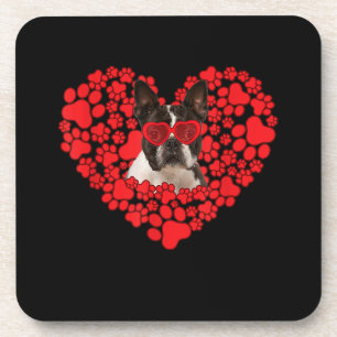 Funny Boston Terrier Dog Paw Heart Valentine Day Coaster