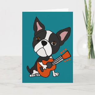 Funny Boston Terrier Dog Playing Guitar Art Card