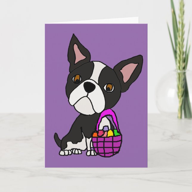 Funny Boston Terrier Dog with Easter Basket Holiday Card (Front)