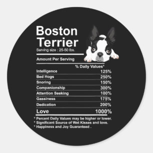 Funny Boston Terrier Facts Nutrition Gift Boston Classic Round Sticker