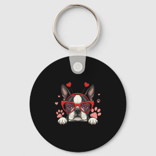Funny Boston Terrier Heart Headnd Valentine Womens Key Ring