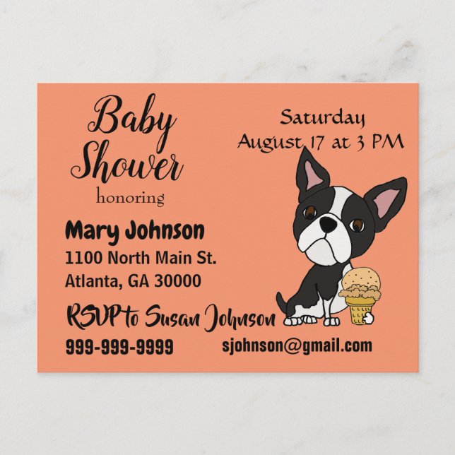 Funny Boston Terrier Ice Cream Baby Shower Invitation Postcard (Front)