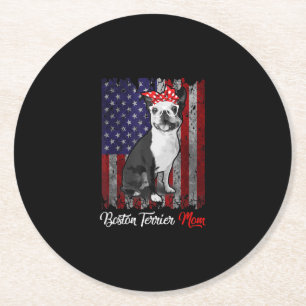 Funny Boston Terrier Mum American Flag Tee T-Shirt Round Paper Coaster