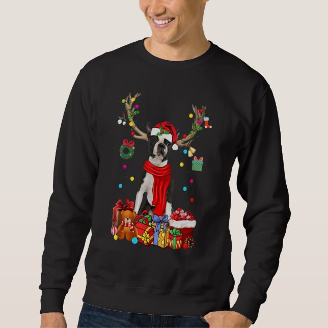Funny Boston Terrier Reindeer Gift Christmas Horn  Sweatshirt (Front)
