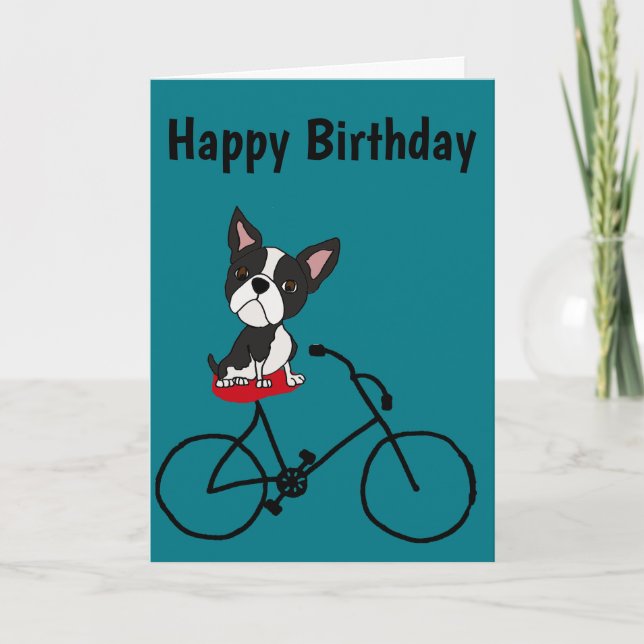 Funny Boston terrier Riding Bicycle Card (Front)