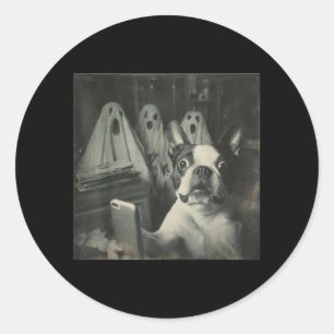 Funny Boston Terrier Selfie With Ghosts Halloween Classic Round Sticker