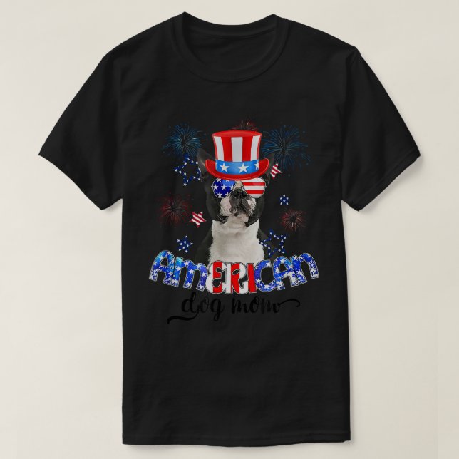 Funny Boston Terrier Wearing Sunglasses USA Flag 4 T-Shirt (Design Front)
