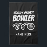 Funny bowling ball towel for Worlds Okayest bowler<br><div class="desc">Funny bowling ball towel for Worlds Okayest bowler. Personalised accessory for him or her. Fun Birthday or Holiday gift idea for professionals and enthusiasts. Hand towel with customisable background colour and text. Get one for dad,  uncle,  grandpa,  husband,  teammate,  fan,  friend,  boss,  coworker,  wife,  brother,  mum etc.</div>