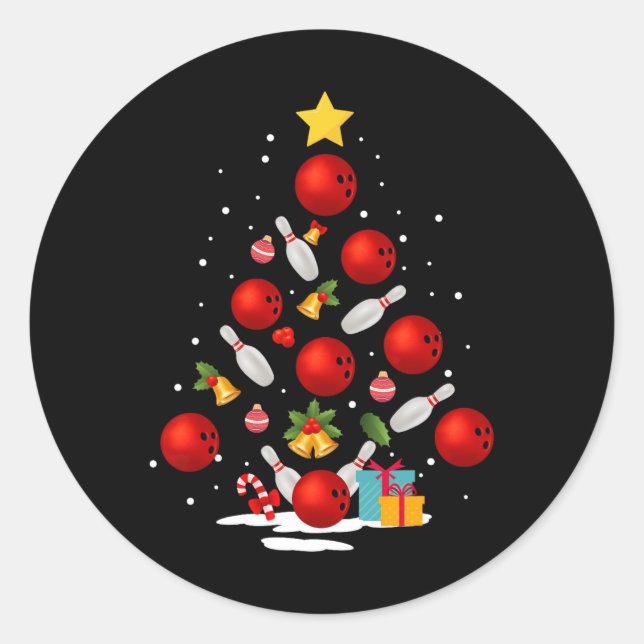 Funny Bowling Christmas Tree Lights Xmas Gifts For Classic Round Sticker (Front)