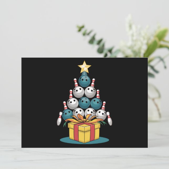 Funny Bowling Christmas Tree Lights Xmas Gifts  Holiday Card (Standing Front)