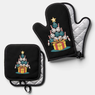 Funny Bowling Christmas Tree Lights Xmas Gifts  Oven Mitt & Pot Holder Set