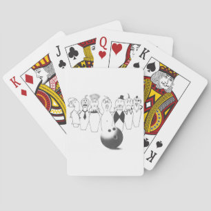 Funny bowling pin characters playing cards